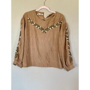 OVTE XL Embroidered Leaf Blouse Tan Cottagecore Boho Peasant Top Fall 70s 524D